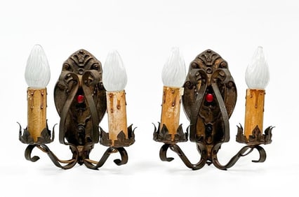 Pair 1920s Spanish Revival Double Light Wall Sconces