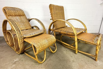 Lot of 2 Bentwood Bamboo Rattan & Wicker Lounge Chairs w/ Ottomans