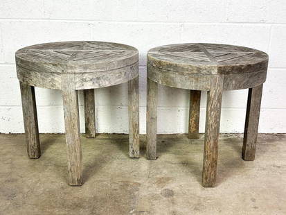 Pair Summit Teak Slatted Outdoor Patio Side Tables: Brass marking underneath table top. Condition: Nice weathered patina. Previously stored outside. Some discoloration. Dimensions: Each table is approx. 18 in H x 18.25 in Dia.