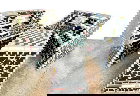 Marlo Bartels Canyon Chess & Checkers Mosaic Tile Chairs & Side Table: This is a three piece set with two seats and a chessboard side table. Game pieces not included. Beautiful multicolor mosaic tile work. Landscape depictions on chair backrests. Very heavy.  Condition: