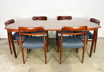 Midcentury Dining Table w/ 6 Chairs in Blue Upholstery