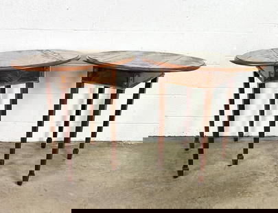 Pair of Hekman Furniture Co Drop Leaf Side Tables w/ Inlay Accents: Inlaid wood accents. Two drop leaves on either side. Stamp on underside.  Condition: Good. Some chips on veneer, mild discoloration.  Dimensions: Tables when closed are approx. 25 in H x 13.5 in W x 1