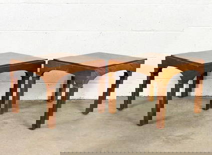 Pair Brown-Saltman Midcentury Burlwood Side Tables: Burlwood table top. Straight legged design. Label on bottom.  Condition: Very good. Some minor surface wear.  Dimensions: Each table is approx. 15.25 in H x 18 in W x 18 in D.