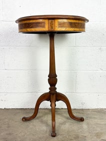 Antique Round Accent Side Drum Table W/ Inlaid Wood