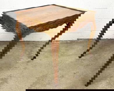 French Provincial Style Side Table w/ Drawer: French Provincial style side table w/ carvings, cabriole legs and drawer.  Condition: Good condition. Some minor surface wear.  Dimensions: Table is approx. 25 in H x 25 in W x 25 in D.