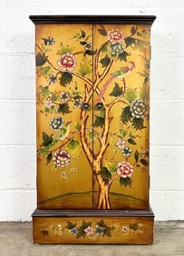 Chinoiserie Hand Painted Gold Cabinet w/ Floral and Bird Design