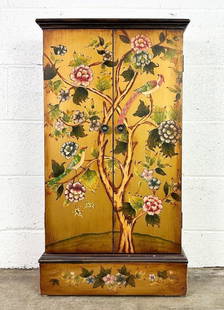 Chinoiserie Hand Painted Gold Cabinet w/ Floral and Bird Design: Cabinet with shelves and hand painted design. Condition: Some minor paint loss. Dimensions: Cabinet is approx. 33 in H x 18 in W x 9 in D.