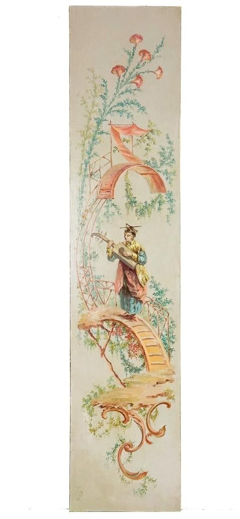 In the Style of Jean-Baptiste Pillement (1728-1808) Chinoiserie Painting Mounted on Board: Painting depicts a woman playing a lute on a bridge w/ floral adornments. Appears to have originally been done on a canvas and later mounted to a wood board. Condition: Some minor paint loss and crazi