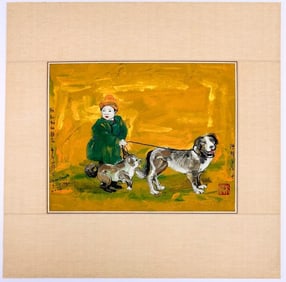 Chen Feng Yu Ping, Watercolor and Ink on Paper, Boy with Two Dogs, 2004