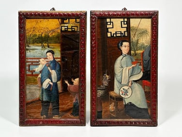 Pair of Early 19th Century Chinese Export Paintings on Canvas