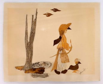 Signed Organic Material on Paper, Landscape with Girl and Duck