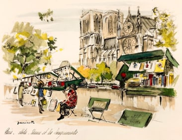Janicotte, Hand Tinted Lithograph on Paper, Paris Notre Dame et les Bouquinistes