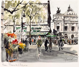 Franz Herbelot, Hand Tinted Lithograph on Paper, Paris, Place de l'Opera