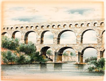 G. A. Dumarais, Hand Colored Lithograph, Le Pont du Gard
