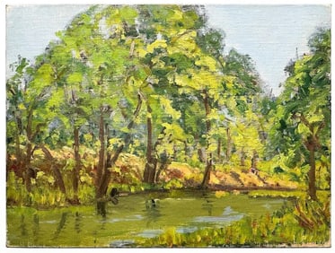 Artist Unknown Oil on Canvas Board Pond in the Woods Landscape