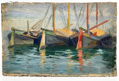 Artist Unknown Oil on Unstretched Canvas Sailboats on the Water