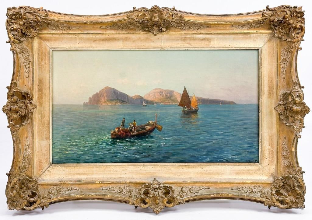 Bernardo Hay (1864-1931) Oil on Canvas, Capri Fishing Boat: Piece is untitled and is signed in paint in the bottom right, dated 1896. Condition: Artwork has one inch repair near the center in upper area. Several 1/8 inch discolorations near center right edge. 