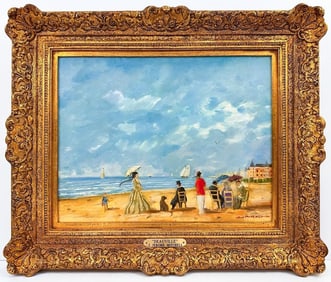John Jerome Mitchell (1914-1984) Oil on Masonite, Beach Scene, Deauville