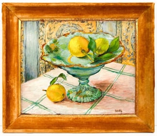 Margery Nahl (California, 1908-1997) Oil on Canvas, Still Life of Lemons in Majolica Compote