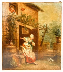 Unknown Artist, 19th Century Oil on Canvas, Young Women Under Trellis