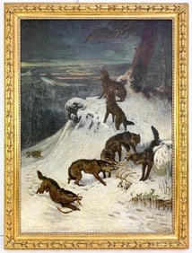 Samuel Edmund Waller (British, 1850-1903) Oil on Canvas, A Pack of Wolves in Winter