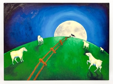 Signed Ormsby, Oil on Canvas, Folk Art Landscape with Sheep and Moon