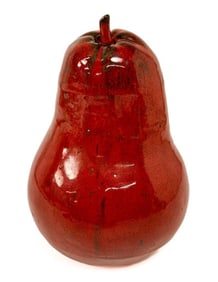 Ceramic Pear with Red Iron Oxide Glaze and Metal Stem