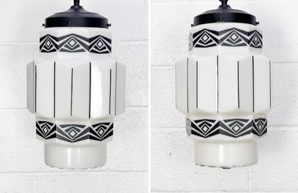 Pair Art Deco Hanging Glass Pendant Lamps Light Fixtures
