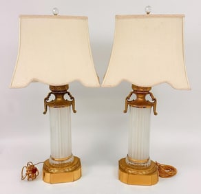 Pair of Antique Glass and Brass Column Lamps