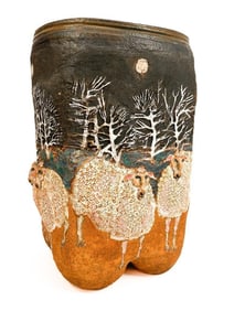 Stephani Gruenberg (20th Century) Large Studio Pottery Stoneware Pot with Sheep Relief