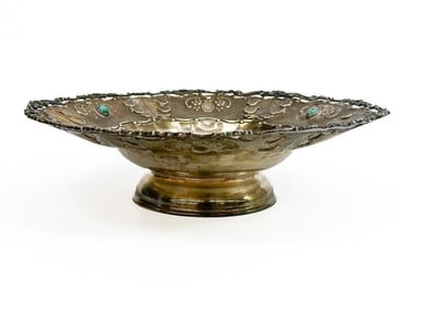 M&K Aohnai 925 Sterling Silver Pierced Repousse Centerpiece Bowl w/ Glass Detail