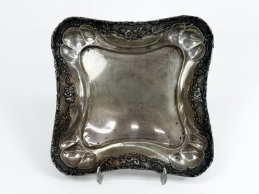 Antique 900 Silver Floral Repousse Square Serving Bowl