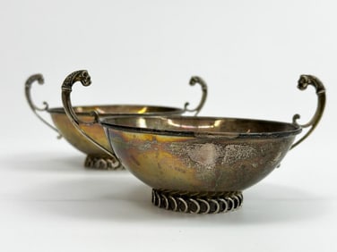 Pair Greek Hallmarked 925 Silver Bowls w/ Griffin Handles