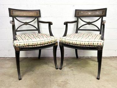Pair Antique Regency Style Armchairs w/ Cane Backrest & Upholstered Seat