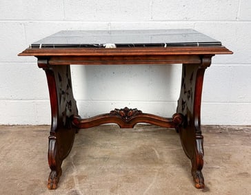 Vintage Italian Renaissance Style Black Marble Top and Carved Wood Table