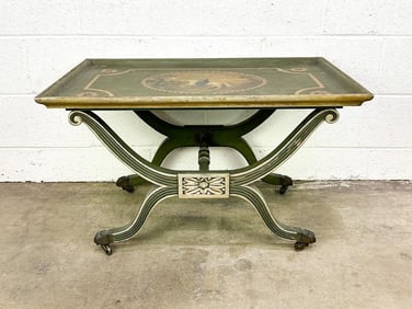 Antique Neoclassical Curule Leg Tray Table w/ Hand Painted Equestrian Scene