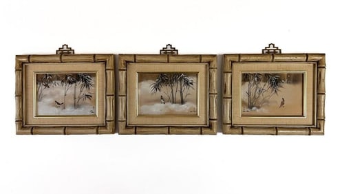 Lot of 3 Alan Hsu Paint on Silk Bird and Bamboo