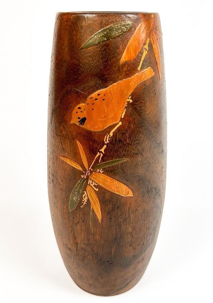 Japanese Antique Wood Ikaebana Vase w/ Bamboo Branch and Sparrow: Vase is carved from a single piece of wood and depicts a relief of a painted bird on a bamboo branch. Condition: Good condition. Dimensions: Approximately 11.5 in H x 4 in W x 4 in D. Total weight i