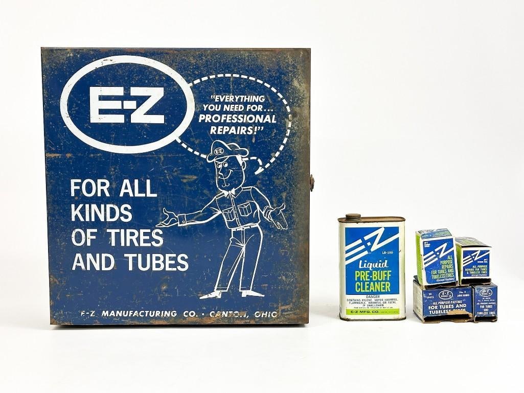 Vintage Gas Station E-Z Tire Repair Advertising Metal Tool Wall Cabinet: Nice patina throughout. Image depicting mechanic. 3 drawers/screw organizers. Condition: Good condition. Some surface rust. Dimensions: Cabinet is approx. 18 in H x 17 in W x 10.25 in D. Weighs 23.7 l