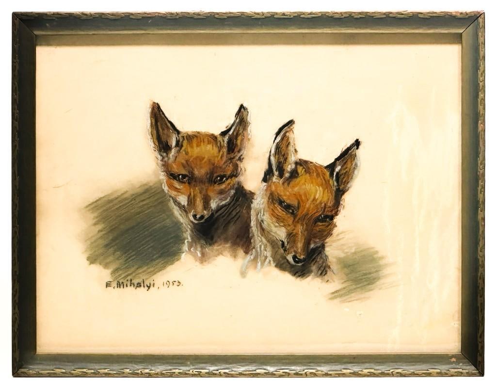 Elizabeth Mihalyi (20th Century, Hungarian/American) Pastel on Paper Two Foxes: Signed and dated 1953. Condition: Very good. Some mild discoloration. Dimensions: Visible approx. 10.25 in. H x 13.25 in. W. Frame approx. 11.75 in. H x 15.25 in. W. Weight: 1.9 lbs