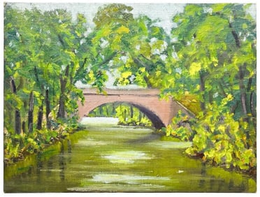 Artist Unknown Oil on Canvas Board Bridge in the Woods Landscape