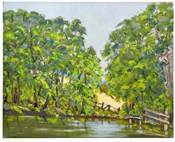 Artist Unknown Oil on Canvas Board Rural Pond Landscape