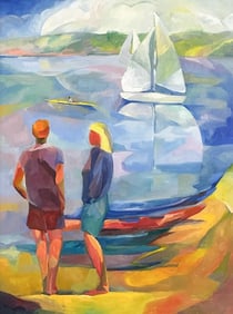 Hita von Mende Oil on Board Sailboats and Kayak on The Salish Sea