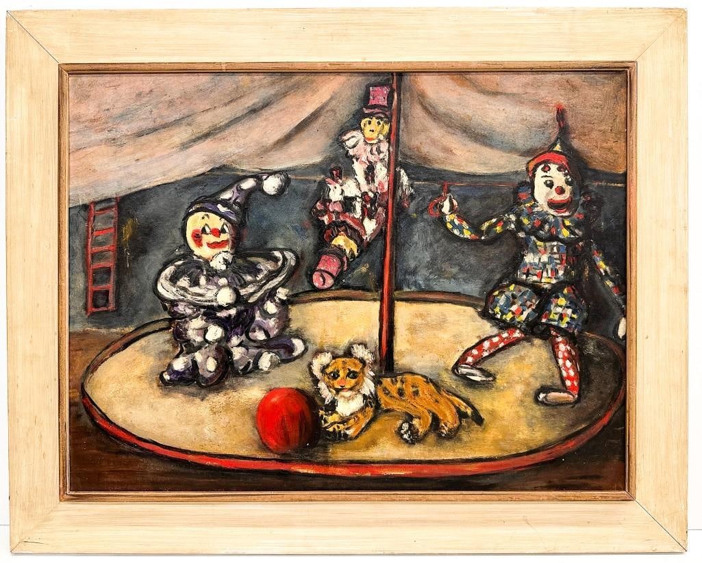 Artist Unknown, Oil on Masonite, Two Circus Clowns with Monkeys and Tiger: This Outsider oil painting depicts a circus ring with two clowns, one tiger with a red ball, and two monkey trapeze performers. Painting is in good vintage condition. Some areas with missing pig