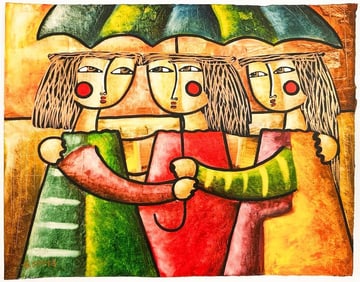 Gustavo Serra (b. 1966) Mixed Media on Paper, Girls Under Umbrella