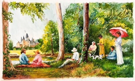 Janet Reimer, Watercolor on Paper, Picnic at Chateau le Coudray-Montbault