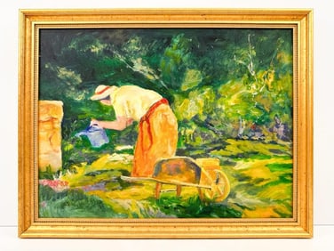 Jane Bradford (1923-2013) Oil on Canvas, Lady Watering