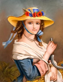 Unknown Artist, Pastel on Paper, Portrait of a Girl with Scythe