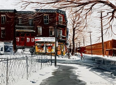 Terry Tomalty (b. 1935) Oil on Board, Street Scene with Hockey Players, 1983