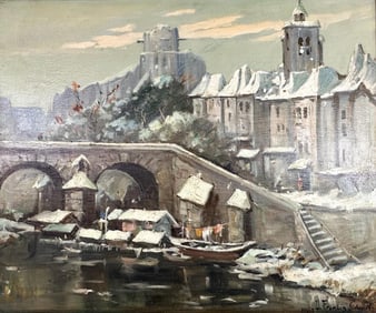 D. Francis Schmitz, Oil on Canvas, Le Pont Maríe, Paris, France 1950